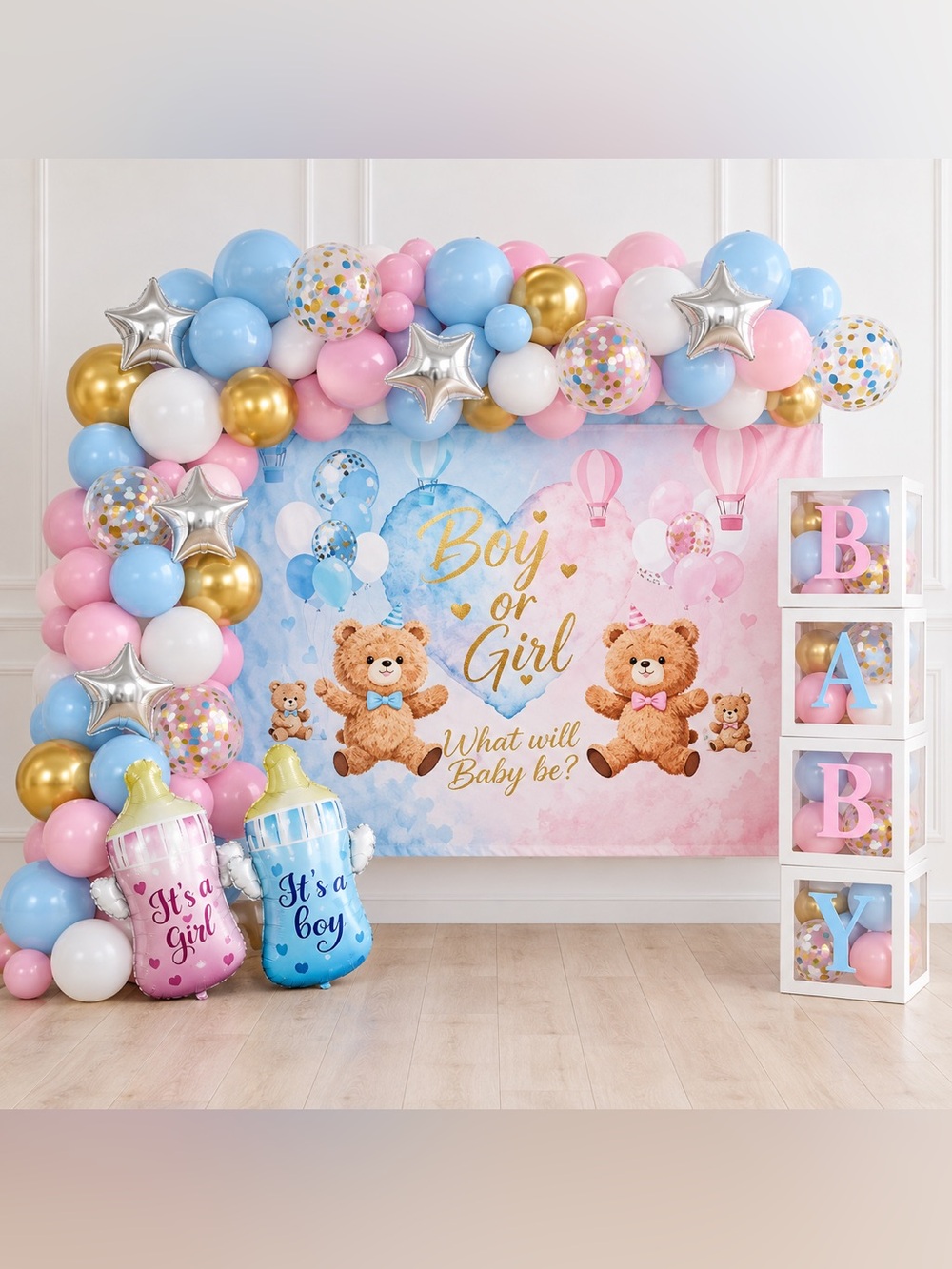 Gender Reveal Baby Shower Kit Backdrop Bundle Bear Theme Pink New